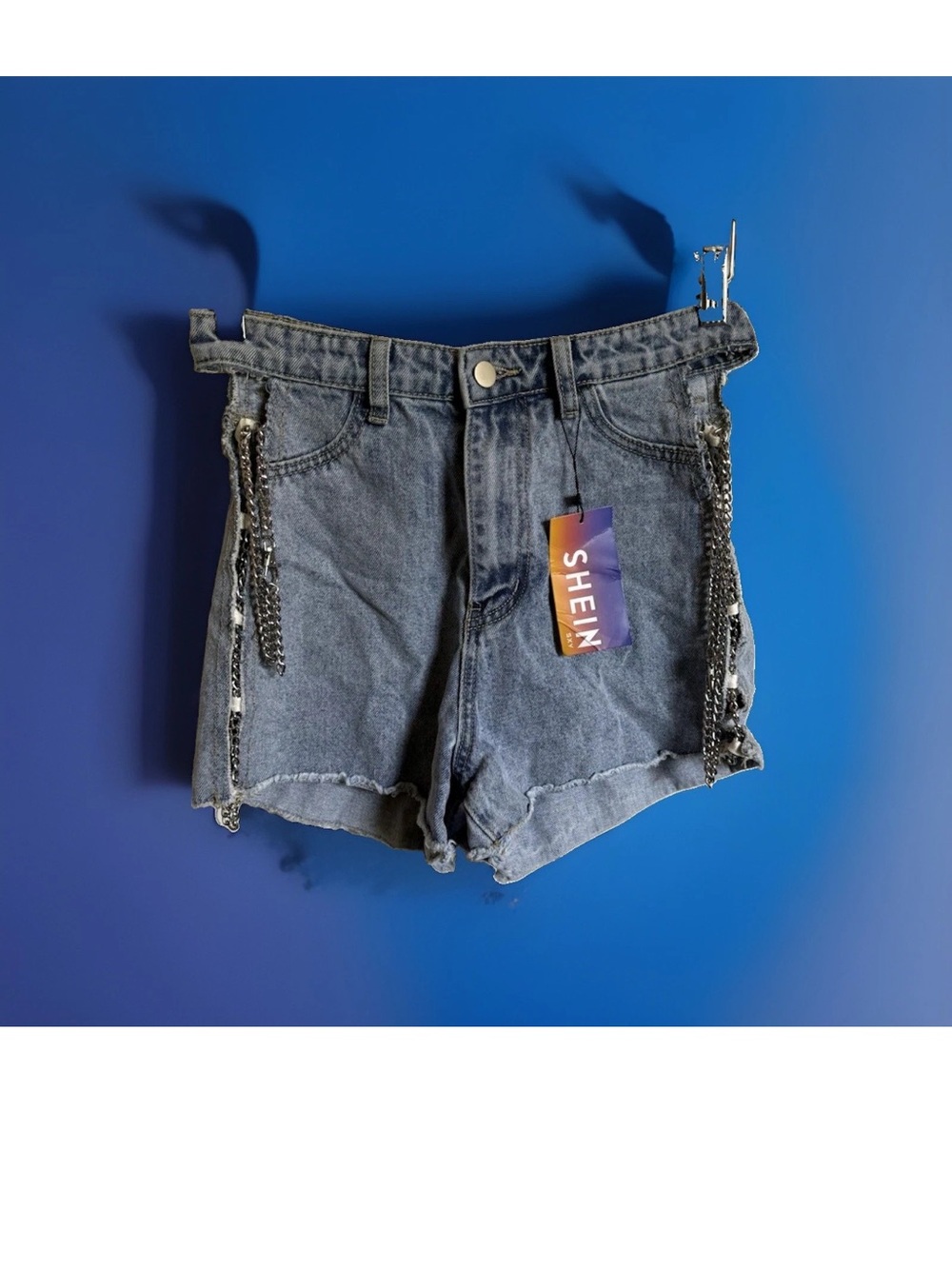 SHEIN Washed Blue Denim Cutoff Shorts with Chain Trim